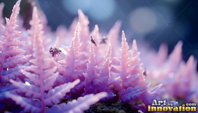 Pink frosty ferns with small flying bugs on them
