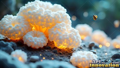 Bumpy white fungi with lit orange stems cluster across dark soil near a flying bug