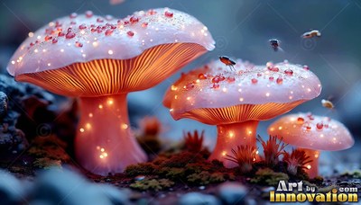 Pink mushrooms stand on mossy ground with warm orange light shining from their gills