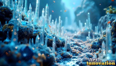 Pointed up from the sea floor, clear crystal spires rise from blue coral rocks