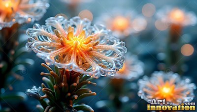 Clear glass flowers shine with bright yellow centers on green stems