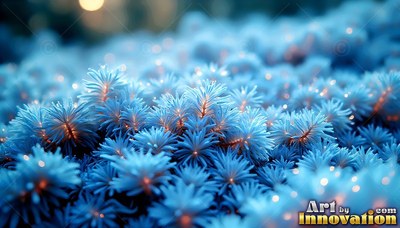 In a dim field, small blue pine needle clusters shine with tiny warm lights