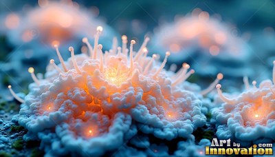 Shining from within, a white cauliflower plant sprouts warm orange lights on blue moss