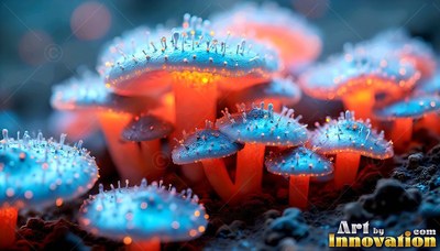 Blue spiky mushrooms with bright orange stems in dark soil