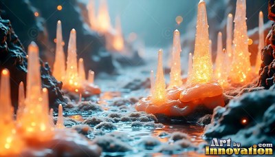 Bright orange frosted spires rise from dark rocks beside blue water