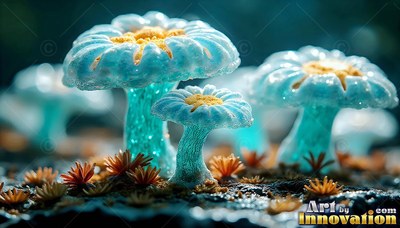 Blue flower-shaped mushrooms rise from dark soil under soft turquoise light