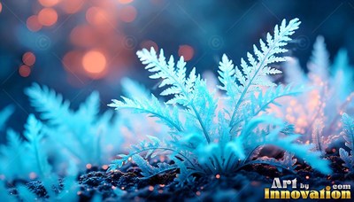 Close-up view from below of pale blue frosted ferns on dark ground in warm light
