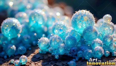 Round blue mushrooms covered in tiny frost spikes grow on dark ground