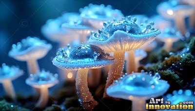 In the dark, small blue mushrooms covered in water droplets shine with soft yellow light