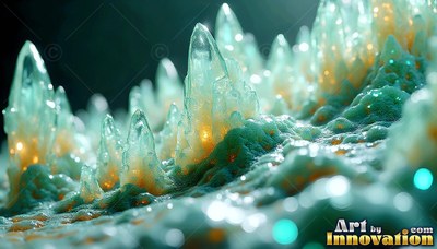 Rising from bumpy ground, pale teal crystal spires shine with warm orange light inside