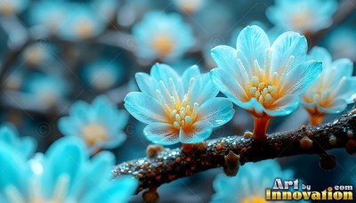 Light blue flowers blooming on a wet brown branch
