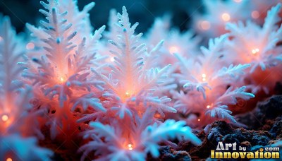 Frosted white needles on small alien plants lit from within by warm lights across dark soil