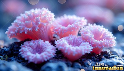 Pink ruffled mushrooms sprout from dark rough soil under soft blue light