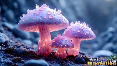 Sprouting upright on stony ground, three pink mushrooms shine softly