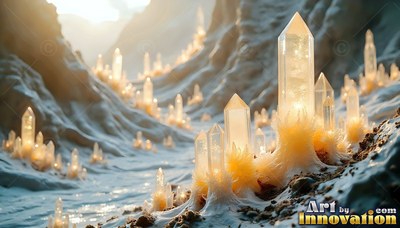 Bright yellow crystals sprout along the white snow in a mountain pass