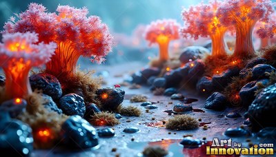 Along a dark rocky stream, small pink trees shine with warm orange light inside
