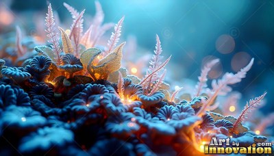 Sprouting from blue moss, tiny coral plants shine with warm orange light