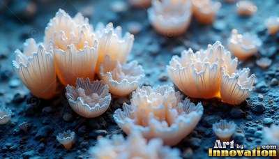 Cup-shaped white fungi growing on dark blue ground