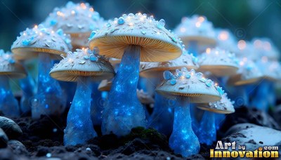 Sparkling blue beads cover pale caps on clusters of mushrooms growing in dark soil