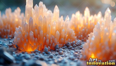 Orange crystal clusters sprout from pebbled ground, shining with warm light from underneath