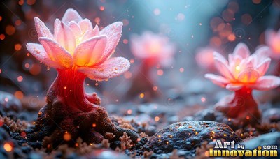 Standing upright on dark gravel, pink flower-like plants shine with warm light inside