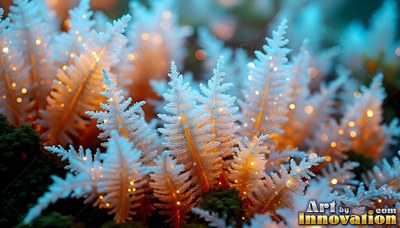 Frosty white fern fronds shine with tiny orange lights