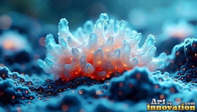 On a dark blue seabed, a pale coral flower shines with tiny orange lights