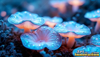 Spreading across dark soil, small blue mushrooms shine with tiny bright spots
