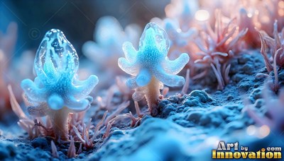 Translucent bubble caps crown pale blue alien sprouts rising from rough ground