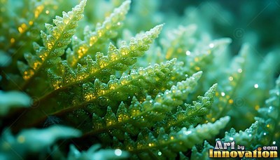 Green fern fronds spread outward under sparkling yellow light specks