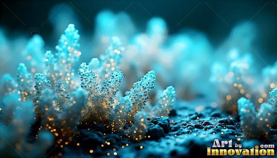 Close up along dark ground, pale blue coral sprouts with yellow specks