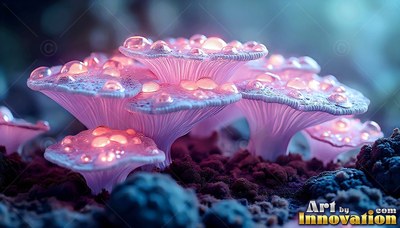 Pale pink mushrooms covered with bright water beads on dark soil