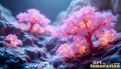 Sprouting on dark rocky ground, pink crystal trees shine with warm yellow light inside