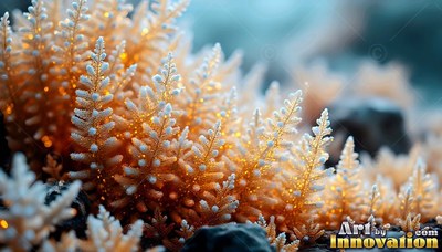 Frosted golden plant fronds sparkle on dark ground