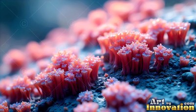 Tiny flared stalks with pink coral-like caps grow closely over dark rocky soil in soft light