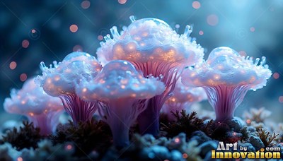 Pale mushrooms cluster together, lit by soft pink and blue tones in the dark