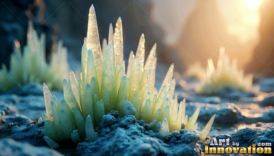 Pointed upward in close view, pale crystal plants grow from blue rocky ground