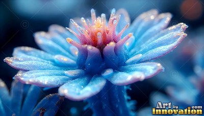 A close-up of a blue frosted flower with a tiny pink center