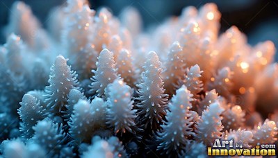 In soft blue light, white spiky coral tips catch warm orange spots of sunshine