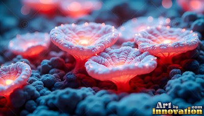 Spreading open on dark ground, pale cup mushrooms shine with warm red light