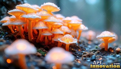 Orange mushrooms with frosted caps growing on dark ground