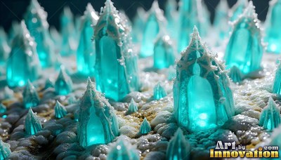 Pointed tips coated in white frost, teal crystal spires grow across a snowy ground