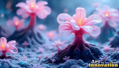 Pink flower stalks sprout from rough blue soil with warm yellow light in their centers