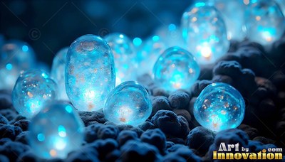 Round glass pods with bright blue lights inside rest on gray mossy ground