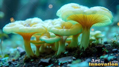 On dark forest soil, pale yellow mushrooms grow with frosted caps