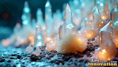 Rising from dark soil, clear crystal points sprout with fuzzy white bases and warm light