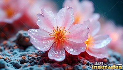 Pale pink blossom with wet petals on rough blue ground