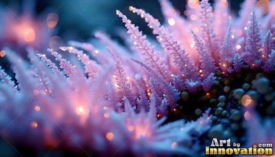 Pale pink frosty fronds branch out on an alien plant in dim blue light with warm sparkles