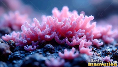 Pink coral-like fungus sprouts on dark wet rock under soft blue daylight