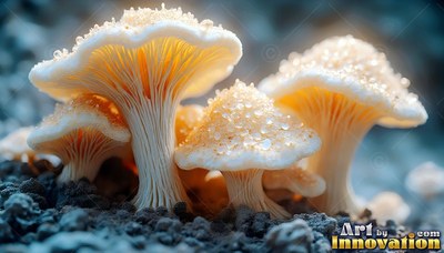 Sprouting upright from dark soil, small pale mushrooms covered in sugar-like crystals